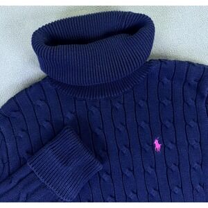 Ralph Lauren Sport Sweater Dress Large Blue Cable Knit Roll Neck Old Money Prep